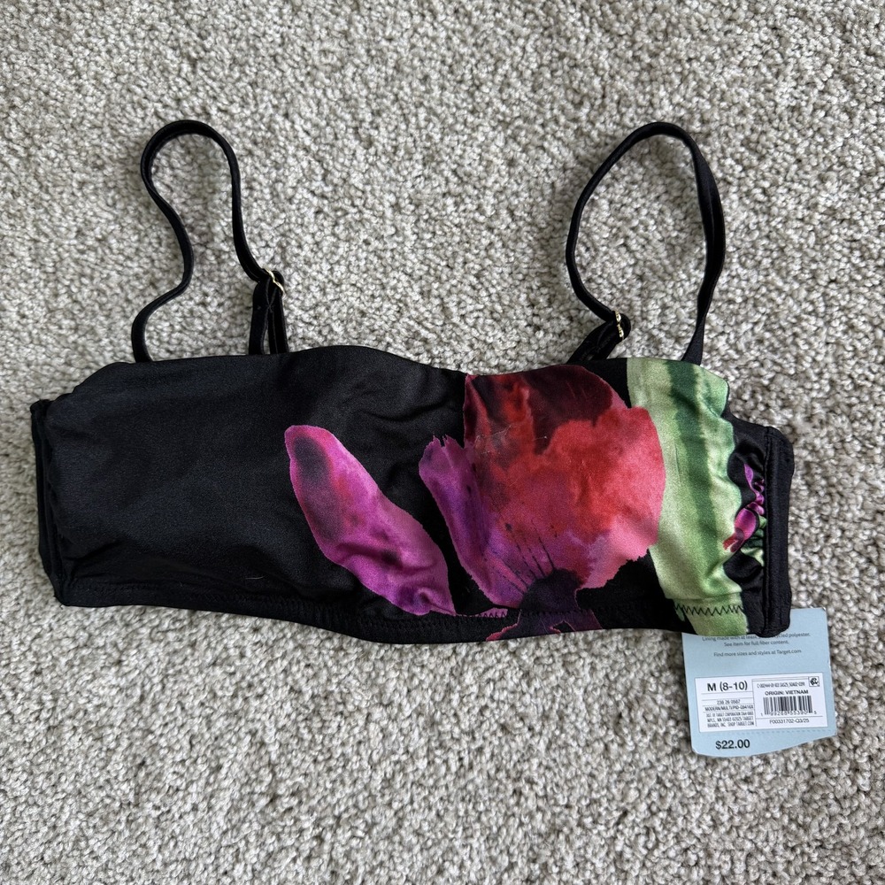 Bikini Swim Top Womens Medium Multicolor Floral Bandeau Spaghetti Strap Lined